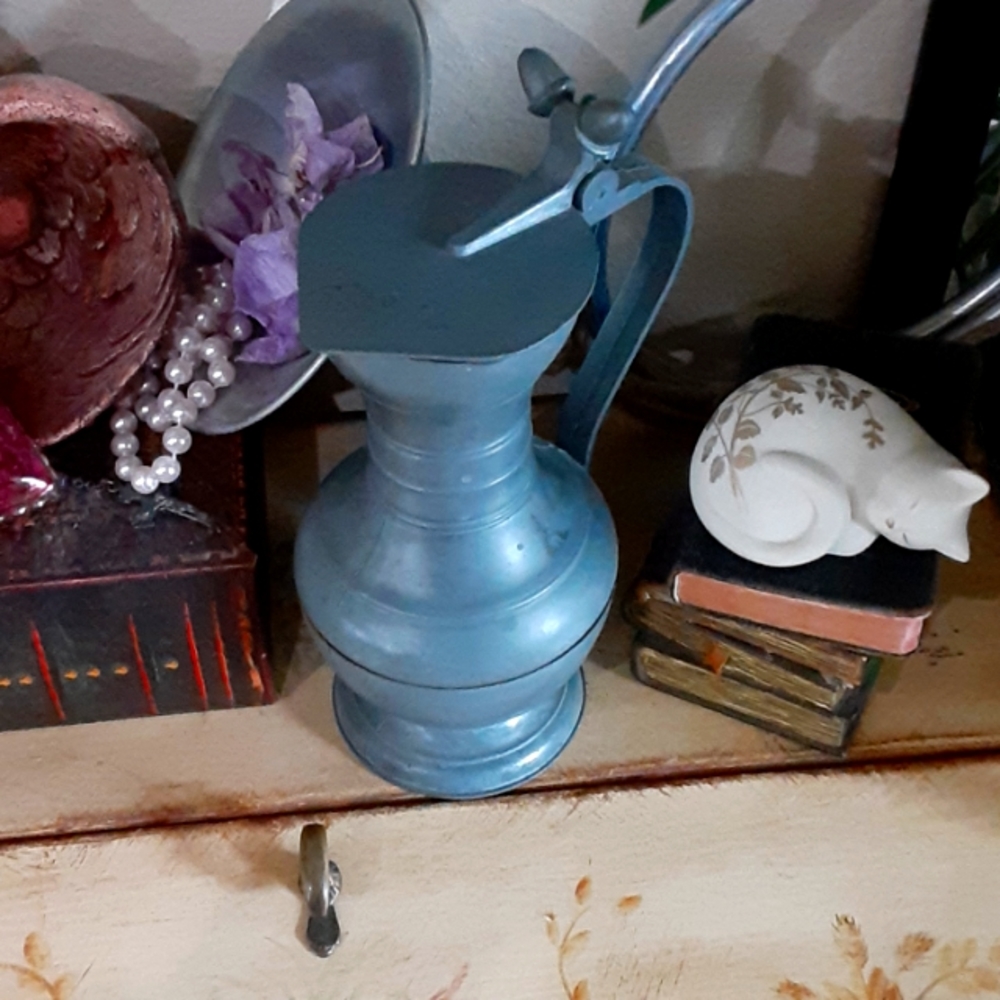 French Pewter Wine Ewer, 7" Tall, Hinged Lid w Acorn Adornments